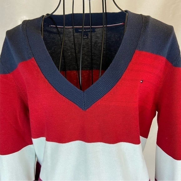 Tommy Hilfiger Red White and Blue Striped V Neck Patriotic Sweater Size Medium - Picture 3 of 6